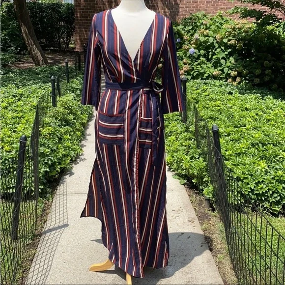 l'atiste maxi dress L’ATISTE Maroon and Navy Striped Wrap Maxi Dress